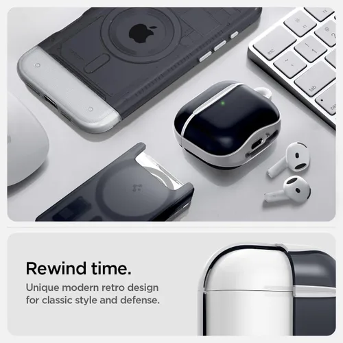 Vista 3 de Spigen Funda ultra híbrida diseñada para AirPods 4 (2024), diseño retro con llavero de mosquetón, grafito clásico C1