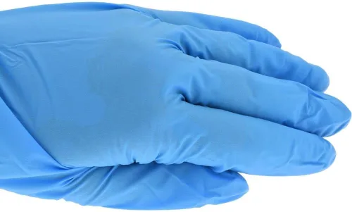 Vista 4 de Guantes industriales de nitrilo azul claro de 5 mil, sin polvo, caja de 100