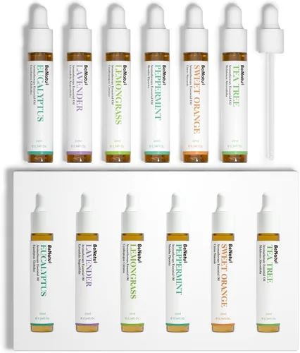 Juego de aceites esenciales (eucalipto, lavanda, limoncillo, menta, árbol de té, naranja) para difusor, uso tópico en la piel, cuerpo, fragancia