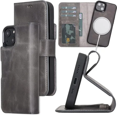 Vista 19 de Bayelon Funda para iPhone 13, funda de cuero de grano completo, [2 en 1] Cartera magnética desmontable para teléfono, funda abatible con ranuras