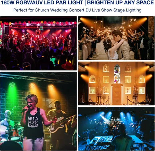 Vista 6 de Luces LED Par de escenario - 18X18W DJ Stage Lights RGBWA+UV 6in1 Wash/Strobe Effect Control DMX aleación de aluminio Shell Uplighting