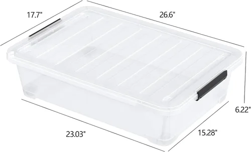 Vista 5 de Caja transparente apilable para debajo de la cama, 40 cuartos de galón, contenedores poco profundos para debajo de la cama con ruedas, juego de 3