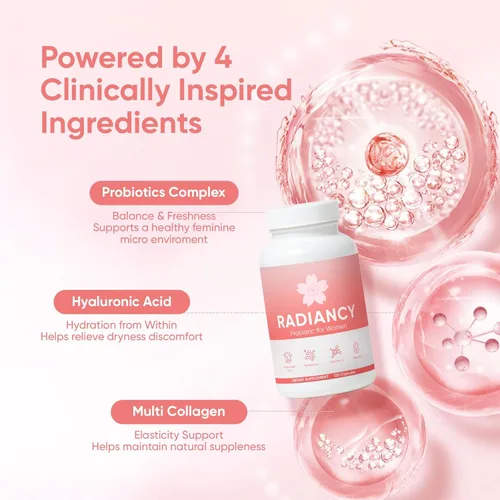 Vista 2 de Radiancy Probiótico para Mujeres Salud Vaginal - Sequedad Vaginal y Equilibrio de pH con Cepas de Lactobacillus, Extracto de Flor de Cerezo, Ácido
