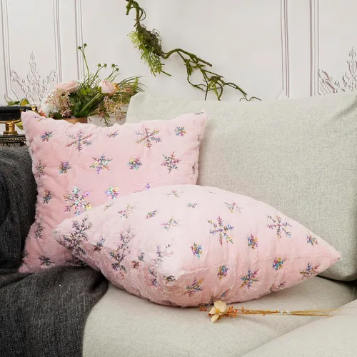 Vista 2 de YOUR SMILE Juego de 2 fundas de almohada navideñas de casa de campo, con copos de nieve, decoración de vacaciones, funda de cojín de felpa