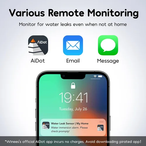 Vista 4 de Winees - Detector de agua WiFi, paquete de 3 sensores de agua con notificación por correo electrónico y SMS de alerta de fugas, alarma ajustable