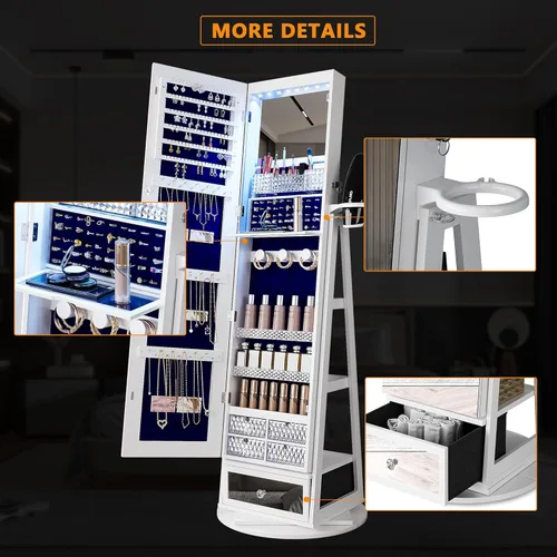 Vista 5 de HNEBC Armario giratorio de 360 con espejo, organizador de joyas de pie con luces LED, espejo de longitud completa con almacenamiento de joyas, cajas