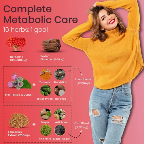 Vista 4 de Berberine HCL+ Complex 1600mg - 60 cápsulas - Apoya la salud cardiovascular, hepática e intestinal con canela de Ceilán, cardo mariano y mezcla