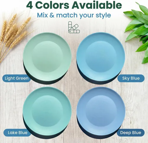 Vista 5 de Platos de paja de trigo de 10 pulgadas, juego de 8 platos planos irrompibles, sin BPA, aptos para lavavajillas y microondas, reutilizables