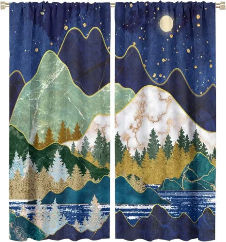 Vista 40 de Cortinas opacas abstractas de bosque y montaña para sala de estar, estilo retro, de mediados de siglo, bohemio, con diseño de mármol, aislamiento