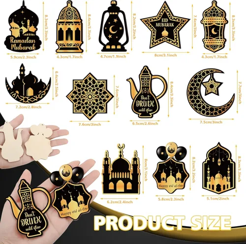Vista 2 de 36 piezas de adornos de madera de Ramadán Purpeak, adornos colgantes de Eid Mubarak, adornos de pared para fiesta de Eid, decoraciones de Ramadán