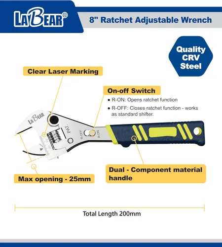 Vista 2 de LABEAR - Llave de trinquete ajustable de 8 pulgadas de largo x 1 pulgada (0.984 in)
