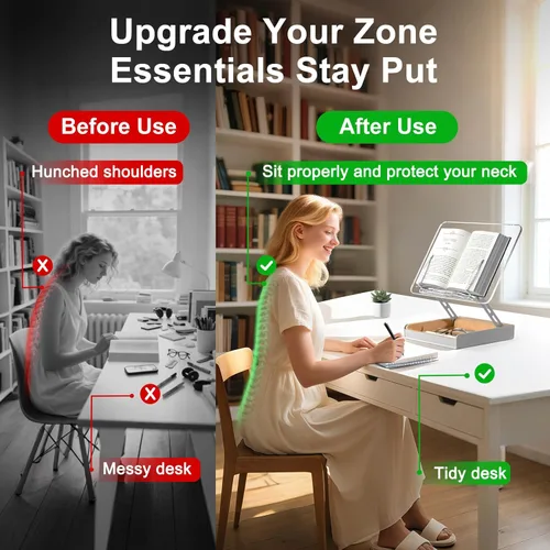 Vista 2 de Soporte para libros con almacenamiento, soporte para libros para lectura con manos libres, soporte de madera para libros de cocina para encimera