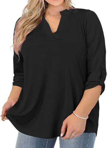 AMCLOS Camisetas de talla grande para mujer, cuello en V, blusas casuales, suaves, holgadas, túnica larga, con pestañas enrollables, con botones