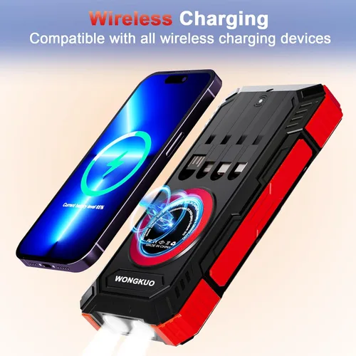 Vista 3 de WONGKUO Cargador solar de batería - Cargador solar de teléfono de 49800 mAh con entrada USB-C, carga rápida QC 3.0 con linterna LED, 4 cables Rojo