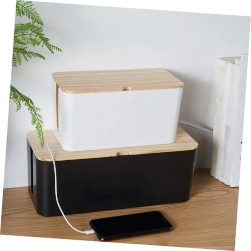 Vista 4 de Veemoon Cable Storage Organizer Box with Natural Wood Lid, Medium Black Anti-electric Socket Storage Case for Charging Cables and Power Strips, Wire
