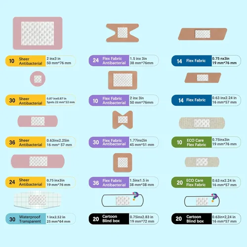 Vista 5 de Paquete de vendajes variados, 328 unidades, varios tamaños, formas y características Tela transparente y flexible con benzalconio, tela de bambú
