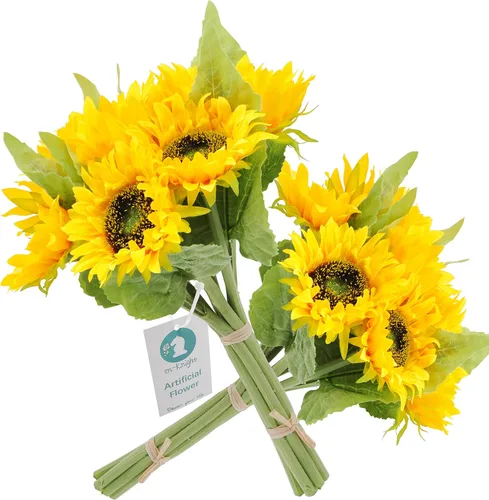 Flores artificiales, 2 ramos de girasol de 14 pulgadas con 7 flores de seda para boda, ramo de novia, dama de honor, decoración del hogar, regalo de