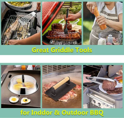 Vista 5 de HaSteeL Juego de 25 accesorios para plancha, juego de herramientas de teppanyak de acero inoxidable con espátulas de metal, cúpulas de fusión