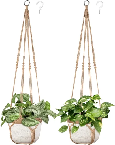 Vista 6 de Dahey Colgador de macramé para plantas, cesta colgante de interior hecha a mano, cuerda de algodón tejida a mano, soporte decorativo de ganchillo
