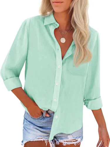 Vista 25 de Camisas de algodón con botones, para mujer, camisas de vestir Oxford, camisas de trabajo de manga larga, blusas con cuello y bolsillo