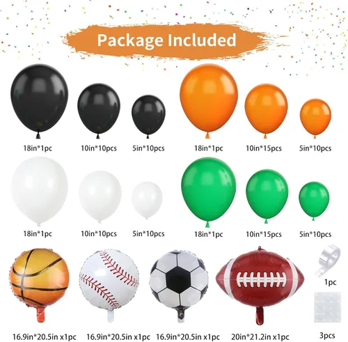 Vista 2 de Guirnalda de arco de globos deportivos, kit de guirnalda de globos con tema de bolas, globos blancos, verdes, negros y naranjas, globos de aluminio