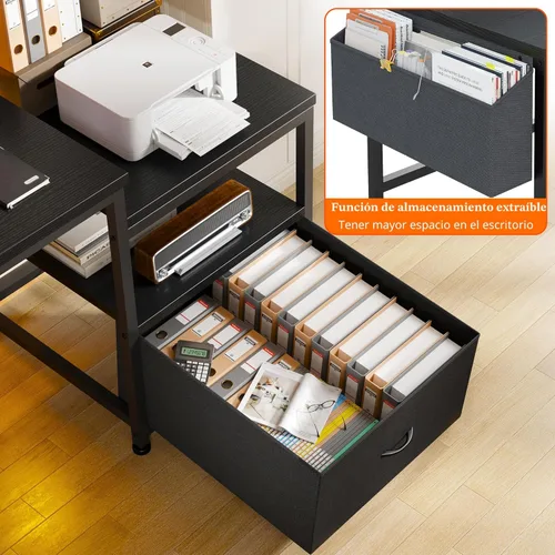 Vista 6 de EnHomee Escritorio para computadora de 57 pulgadas con cajones y espacio para impresora, escritorio de oficina con tomas de corriente, escritorios