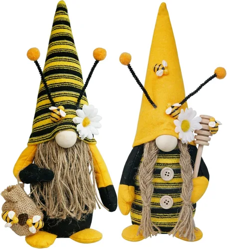 Decoración de gnomos de abejorro, 2 gnomos de felpa de abeja, señor y señora, bandeja escalonada de abeja de miel de primavera, decoración de