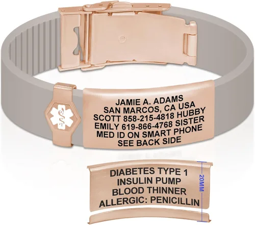 Vista 27 de Divoti Pulsera de identificación de alerta médica grabada personalizada, grabado láser de doble cara (hasta 9 líneas), pulsera de silicona ajustable