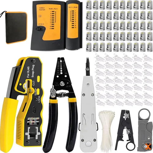 Vista 7 de LEATBUY - Kit de crimpadora RJ45 CAT5 CAT6, juego de herramientas de crimpado para paso con 50 conectores de engarzado, 50 piezas, kit de pelacables