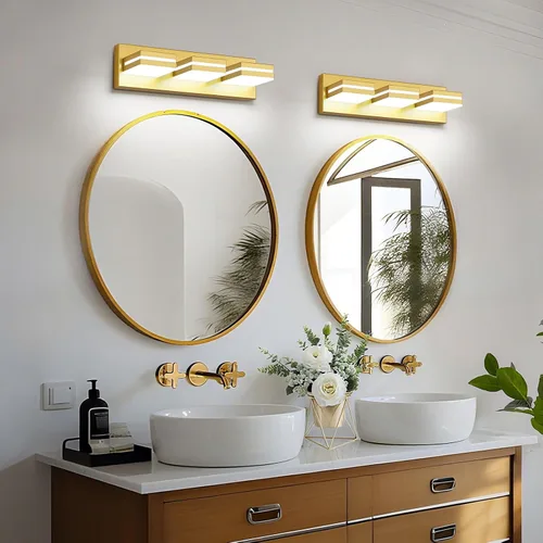 Vista 7 de Modernas luces LED pequeñas de baño, 3 luces, iluminación de pared acrílica dorada de metal, luces de tocador para baño sobre espejo de 6000 K de 16