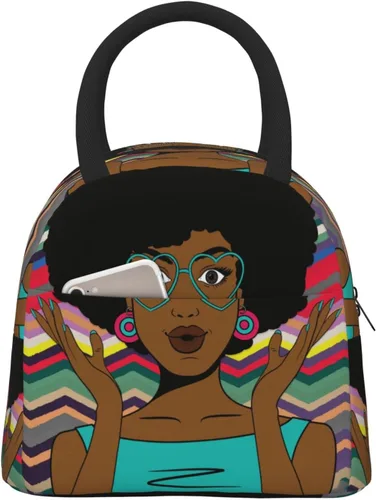 Vista 12 de Fiokroo Bolsa de almuerzo aislada afroamericana para mujer negra, reutilizable, impermeable, bolsa de almuerzo para escuela, trabajo, universidad