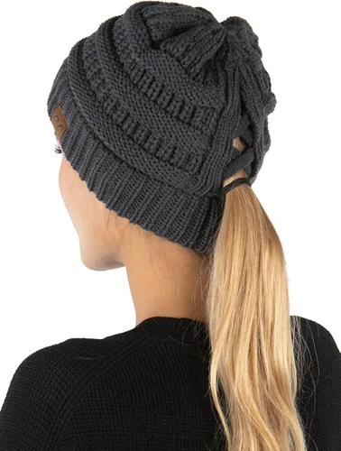 Vista 22 de Funky Junque - Gorro de coleta para mujer – Gorro de invierno con cola de caballo cruzada para mujer, cálidos y lindos gorros de punto con cola