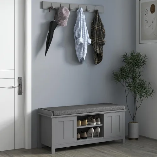 Vista 7 de HOMCOM Banco otomano de almacenamiento para zapatos de entrada con puertas correderas, estantería ajustable, 6 compartimentos y asiento acolchado