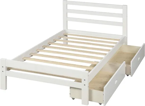 Vista 4 de Merax Marco de cama moderno de madera maciza con cajones, plataforma baja con cabecero, no necesita somier, tamaño individual, color blanco