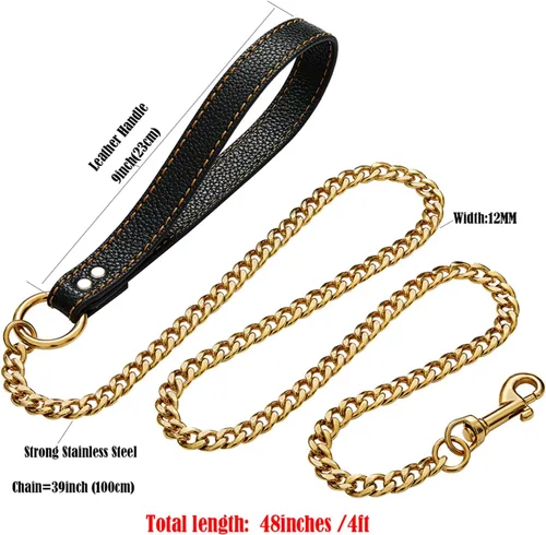 Vista 4 de Correa de perro de cadena de oro de acero inoxidable fuerte, con mango de cuero, correa de cadena de eslabones NK chapada en oro de 18 quilates