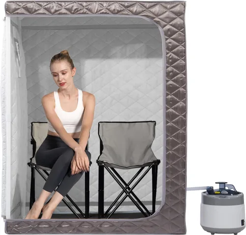 Smartmak Sauna de vapor de tamaño completo, para una o dos personas, spa en casa de gran espacio, vaporizador de 4 litros y 2 sillas incluidas, gris