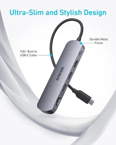 Vista 6 de Anker Hub USB C, concentrador USB 5 en 1 para portátiles, adaptador multipuerto HDMI USB-C 4K con entrega de potencia máxima de 90 W, 3 puertos
