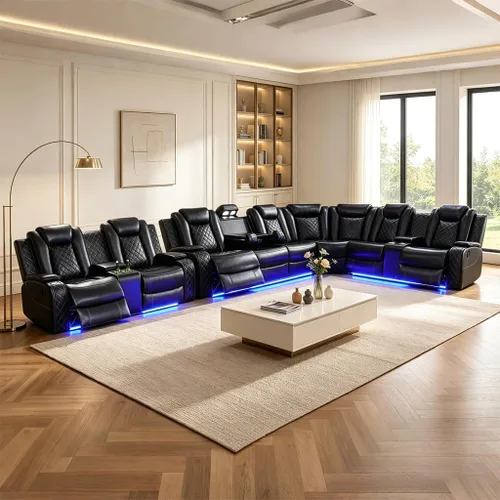 Vista 12 de Juego de sofá seccional reclinable eléctrico, juegos de muebles de sala de estar, sofá seccional de cuero transpirable y sofá biplaza con 4