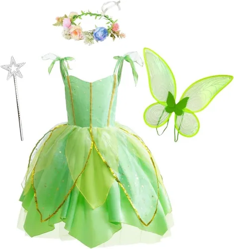 Dressy Daisy - Disfraz verde de hada para Halloween, fiesta de cumpleaños, con alas de mariposa para niñas pequeñas, talla 2T a 14 Fancy Halloween