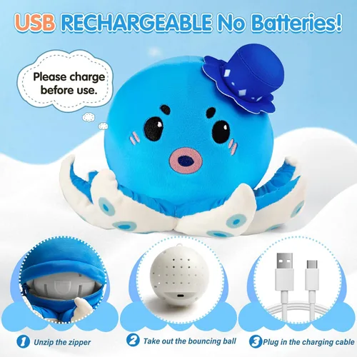 Vista 8 de Juguete musical para bebé de 6 a 12 meses, pulpo de peluche recargable que gatea con 40 canciones y grabación de voz – Juguete interactivo