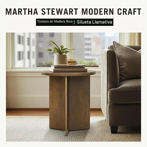 Vista 4 de Martha Stewart Sadie - Mesa de centro redonda – Parte superior de chapa Starburst, acabado de madera gris recuperada, acento moderno para sala