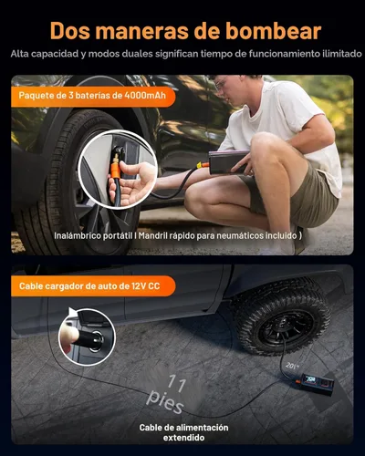 Vista 4 de WOLFBOX Inflador de neumáticos de alta resistencia de 150 PSI, compresor de aire portátil de doble cilindro de 45 LPM para neumáticos de automóvil