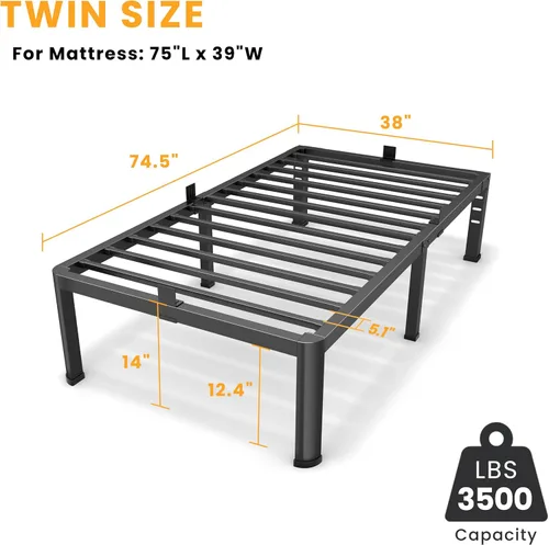 Vista 2 de Marco de cama individual de 14 pulgadas, marco de cama de plataforma de metal con patas de esquina redondas, soporte de listones de acero resistente