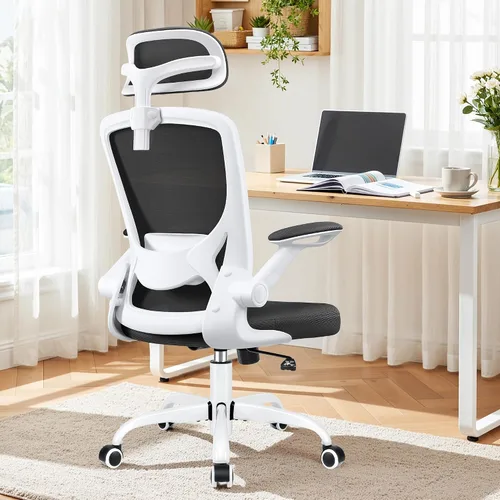 BESTFAIR Silla de oficina ergonómica, sillas de oficina de malla transpirable con soporte lumbar ajustable, brazos abatibles, silla de escritorio