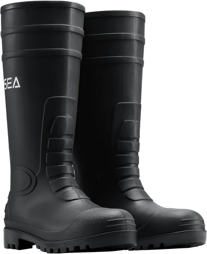 Vista 5 de HISEA Botas de lluvia con punta de acero para hombre, botas de goma de PVC, botas de trabajo impermeables para pesca en jardín, botas de trabajo al