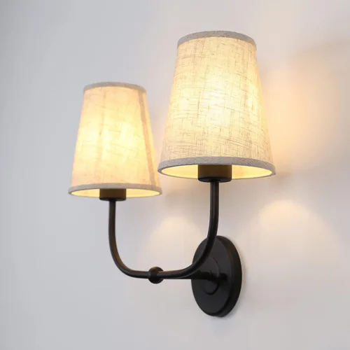 Vista 6 de Apliques de pared de 2 luces con embudo de tela de lino, lámparas de pared de doble luz para dormitorio, sala de estar, tocador, baño, pasillo Latón