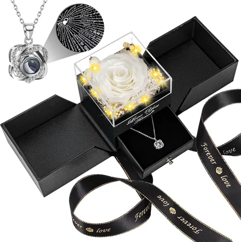 Vista 35 de Collar con diseño de rosa real preservada con corazón con texto en inglés "I Love You", flores eternas, regalos de cumpleaños para mujeres, mamá