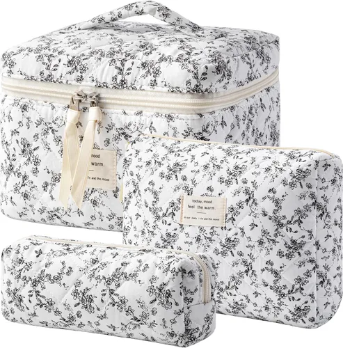 Vista 29 de HBselect Bolsa de maquillaje acolchada, 3 piezas de algodón grande, bolsa de maquillaje de viaje, bonita bolsa de maquillaje floral de coqueta