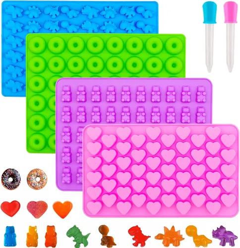 Moldes de goma para caramelos, molde de oso de goma de silicona con 2 goteros, moldes de silicona antiadherentes que incluyen corazones, oso, mini
