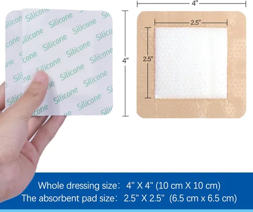 Vista 6 de LotFancy Apósito de espuma de silicona con borde, 4 x 4 pulgadas (almohadilla de 2.5 x 2.5 pulgadas), 5 unidades, vendaje adhesivo estéril
